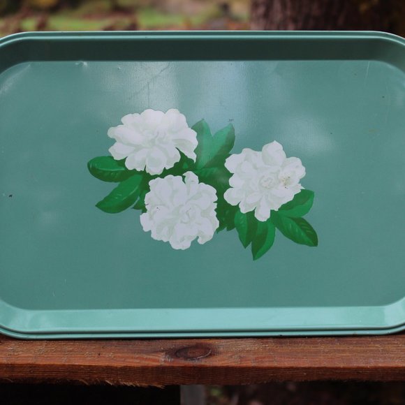 Vintage Tin Litho Serving TV Tray, Jade, Mint, Green, Camellia Blossom Design - Picture 4 of 14